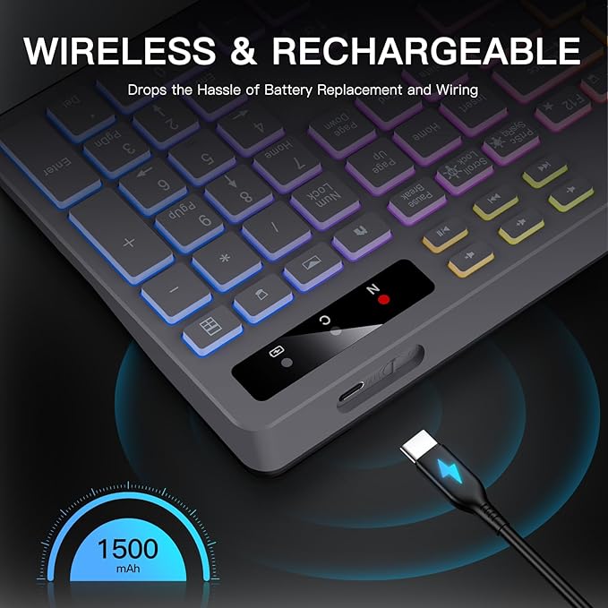 Soueto Wireless Keyboard with 7-Color RGB Backlit, Full-Size Computer Keyboard with Phone Tablet Holder, 2.4G Rechargeable Gaming Keyboard with Light Up Keys, Compatible with Mac, Windows (Grey)