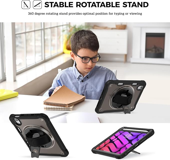 ProCase Rugged Case for iPad mini 7th(A17 Pro) 2024 / 6th Generation 8.3" 2021, Heavy Duty Shockproof Rugged Cover with Hand Strap 360 Degree Rotatable Kickstand Protective for iPad mini 8.3 -Black