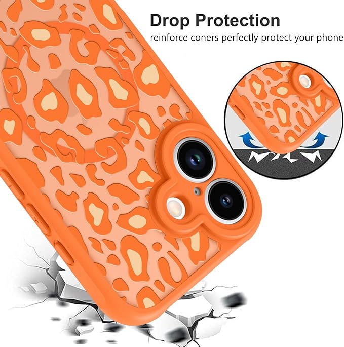 KANGHAR Case Compatible with iPhone 17 Orange Leopard Printed Pattern Compatible with Magsafe Cute Cheetah Protective Magnetic Case for Girls Women 6.3"