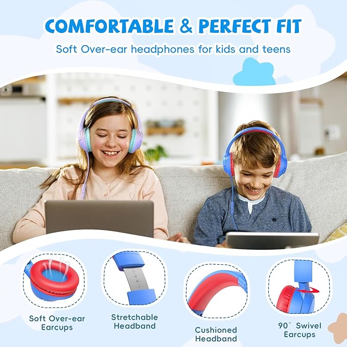 Kids Headphones for School, 85/94 dB Volume Limit, Wired Over Ear Headphones for Kids Boys Girls with Microphone, Foldable Stereo Sound 3.5mm Wired Cord for Kindle Tablet Airplane Travel, Blue