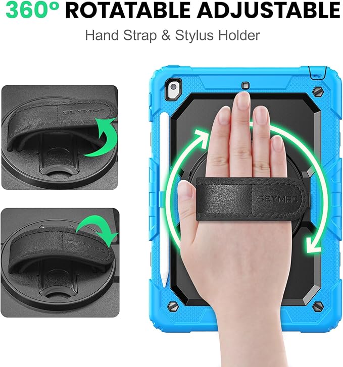 SEYMAC Kids Case for iPad 9th/ 8th/ 7th Generation 10.2" 2021-2019, Heavy Duty Protective Shockproof Case with Screen Protector, Rotating Stand/Handle/Shoulder Strap for iPad 10.2, Light Blue