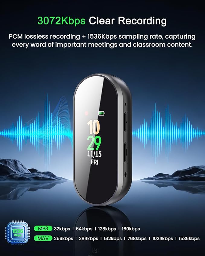 64GB Digital Voice Recorder Professional & Portable, 4-in-1 New Upgraded Noise Reduction Hi-Fi Pure Sound Quality, 3072Kbps Audio Activated Voice Recorder for Your Lectures, Meetings, and Classes