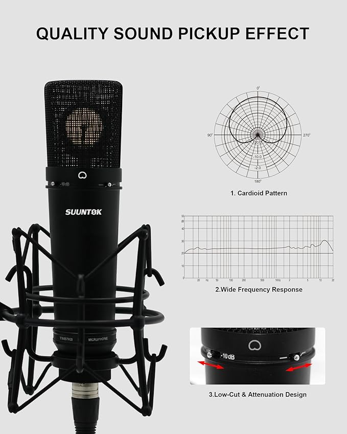 SUUNTOK XLR Microphone, Professional Condenser Microphone with 34mm Large Diaphragm, Cardioid Studio Recording Mic Computer Gaming PC TM87KB Mic Kit for Singing, Podcasting, YouTube (Black)