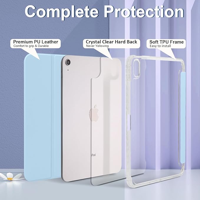 Case for iPad A16 11th Generation 11 Inch 2025, iPad 10th Generation 10.9 Inch 2022, Hybrid Protective Cover with Pencil Holder, Clear Transparent Back Shell Anti-Yellowing Case, Light Blue