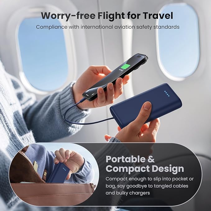 Feob Portable Charger 40800mAh Power Bank with Built-in Cables,25W PD USB C Fast Charging Battery Pack,5 Outputs Dual Input Backup Charger for iPhone 17/16/15/14/13/12,Galaxy S24 Android Phone etc
