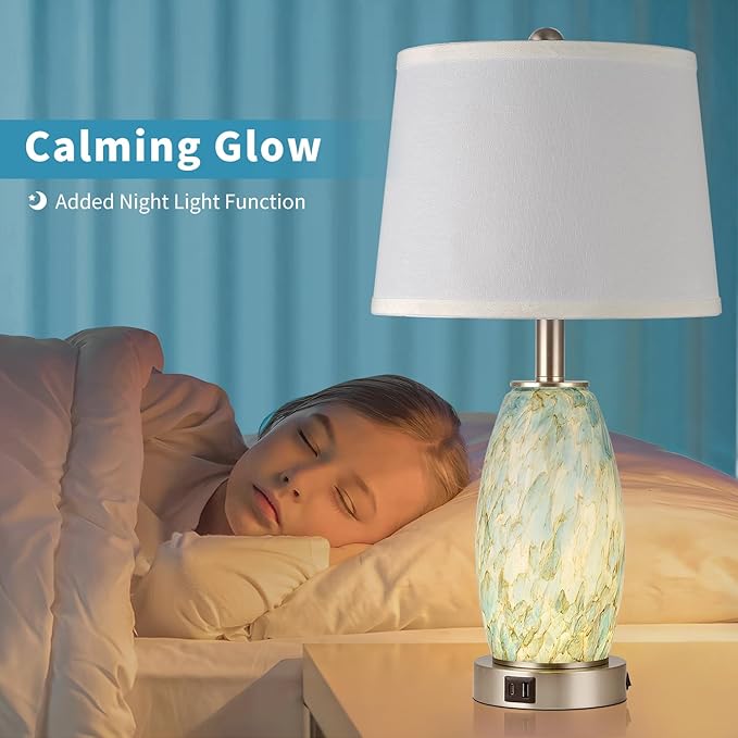 Lovlast Table Lamps Set of 2 with 3-Way Lighting Modes, USB & Type C Ports - Coastal Modern Style Glass Nightstand Lamps for Living Room & Bedroom Decoration (23.5" H)