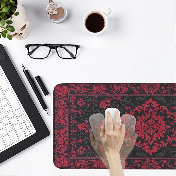 Victorian Gothic Floral Desk Mat Black Red Baroque Desk Pad Dark Academia XXL Large Mouse Pad Vintage Aesthetic Office Decor Mat for Desktop