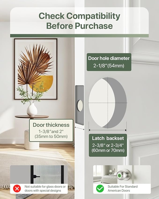 Fingerprint Door Knob, Biometric Door Lock with Auto Lock, Passage Mode, Rechargeable Battery, Thumbprint Entry Door Knob for Bedroom, Office, Apartment & Front Door