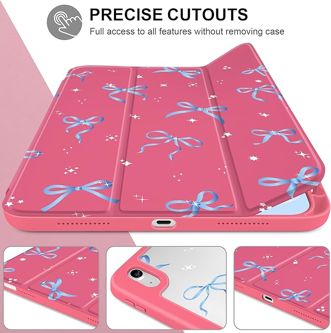 Case for iPad Air 11 inch M4 2026 M3 2025 M2 2024,iPad Air 5th (2022) / 4th (2020) 10.9 Inch Clear Back Shell Lightweight Shockproof TPU Trifold Stand Auto Wake Sleep Cute Cover, Ribbons