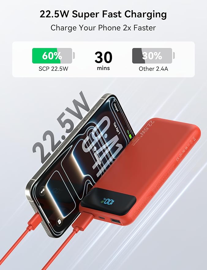 Portable Charger, 10000mAh 22.5W Fast Charging Power Bank with 4 Built-in Cables, Travel Essentials Battery Pack with LED Display, 6 Outputs Charging Bank Compatible with iPhone, iPad, Samsung etc Red