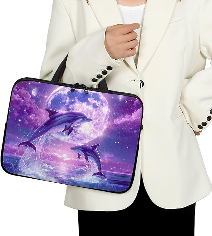Purple Dolphin Full Moon Laptop Case 13 Inch, Waterproof Laptop Sleeve for Women Men, Portable Laptop Cover Computer Carrying Bag Cases with Handle, Fits Tablet/Notebook/Reader