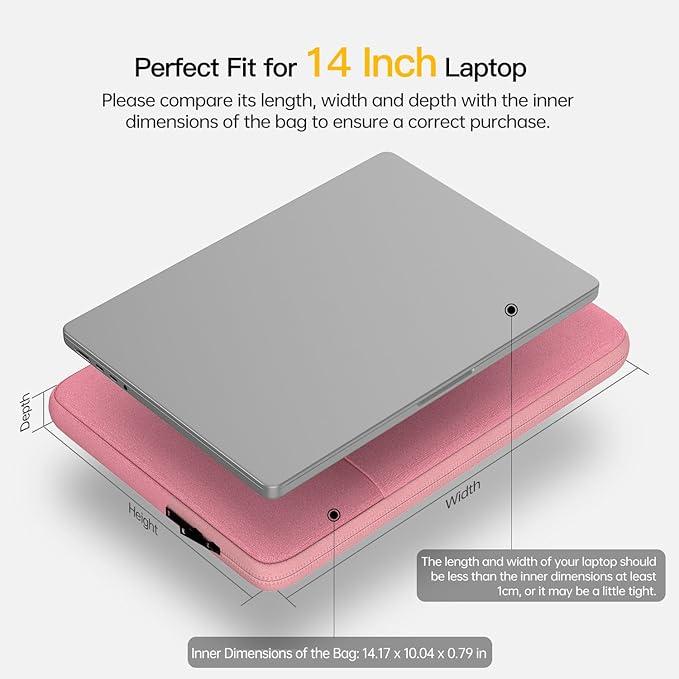 14 Inch Laptop Sleeve Case Women Girls for DELL XPS 15, Latitude 5420 7420, Inspiron 14, Lenovo Flex 5, HP 14 Laptop, Razer Blade 15, Laptop Cover 14 inch Water Resistant Computer Bag -Pink