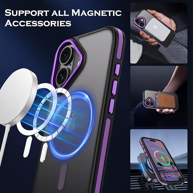 YINLAI Case for iPhone 16 Plus 6.7-Inch, iPhone 16 Plus Phone Case Magnetic [Compatible with Magsafe] Slim Translucent Matte Men Women Girls Shockproof Protective Back Cover, Black/Purple