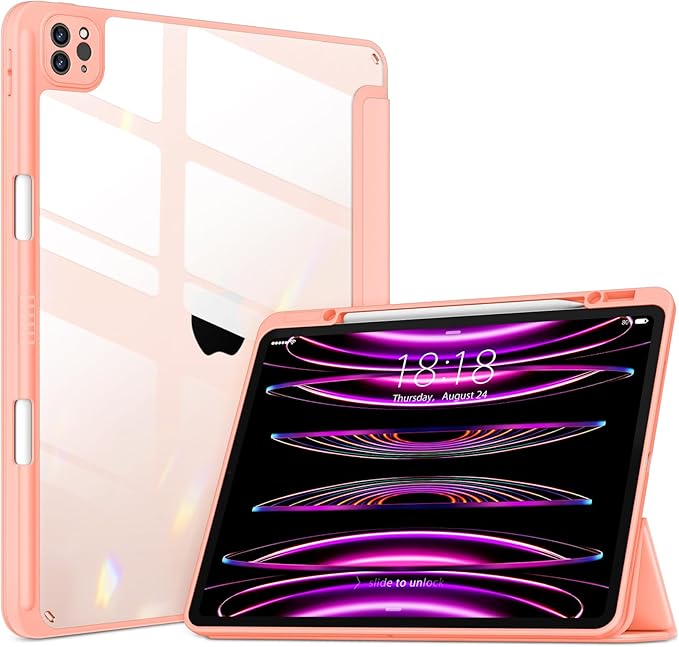 VIKESI Case for iPad Pro 12.9 6th/5th/4th/3rd Generation 2022/2021/2020/2018,TPU Shockproof Frame,Built-in Pencil Holder,Auto Sleep/Wake - Spanish Pink