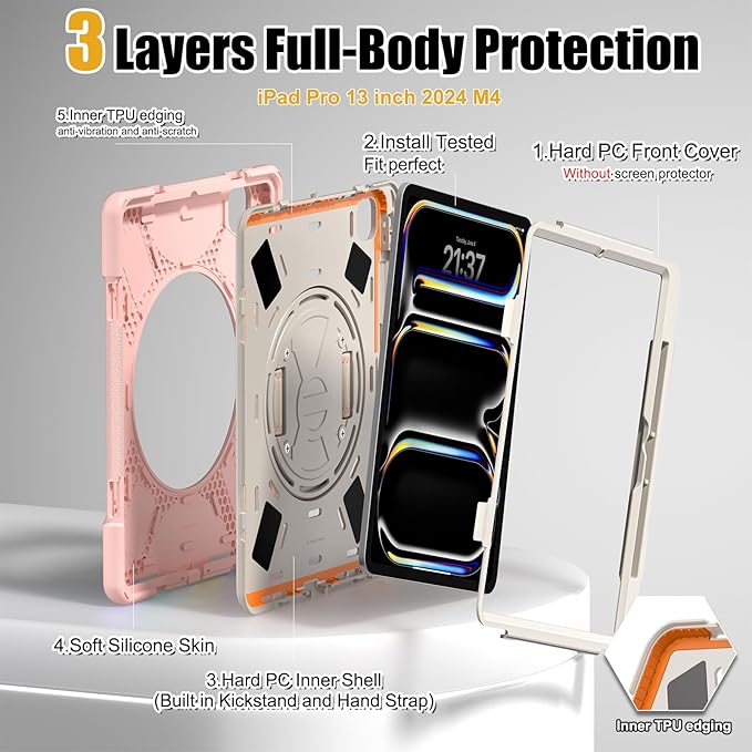BRAECNstock Case for Apple iPad Pro 13 inch M5 2025 / M4 2024, Shockproof Protective Kids Case with Pencil Holder [360 Rotating Hand Strap + Stand], Shoulder Strap, Sakura Pink