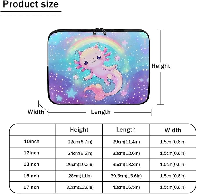 Rainbow Axolotl Computer Sleeve for Women Girls Laptop Sleeve 15 inch Neoprene Laptop Covers with Padded Compartment Lap Top Case Galaxy Computer Carrying Bag Purple