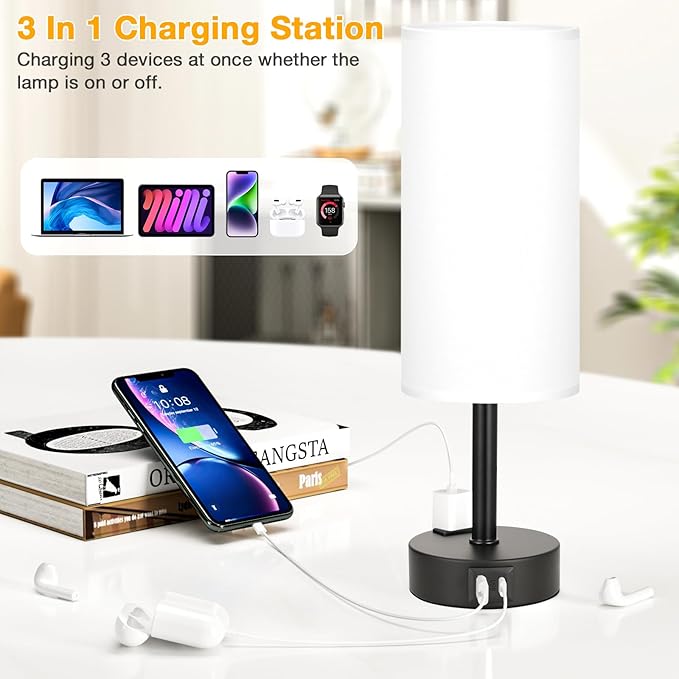 PartageiZ White Bedroom Lamps Set of 2-3 Way Dimmable Touch Table Lamps with USB C and A Ports, Bedside Lamps for Nightstand with AC Outlet, Small Desk Lamps with Black Base for Office Hotel