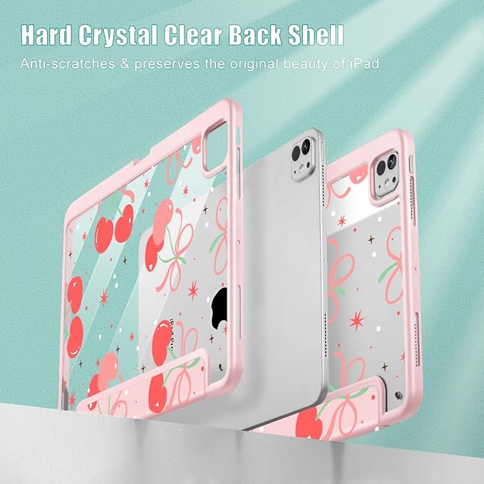 May Chen Case for iPad Pro 11-Inch M5/M4 2025/2024 (6th/5th Generation), [Penceil Holder] Trifold Stand Auto Wake/Sleep Clear TPU Protection Back Cover, Coquette Cherry