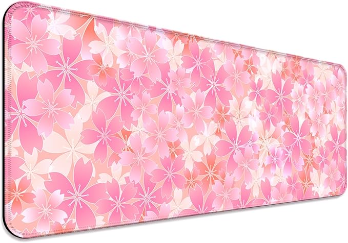Japanese Cherry Blossom Gaming Desk Mat, Computer Keyboard Large Extended Flowers Mouse Pad for Office and Home, 31.5×11.8 Inches, XL, Pink