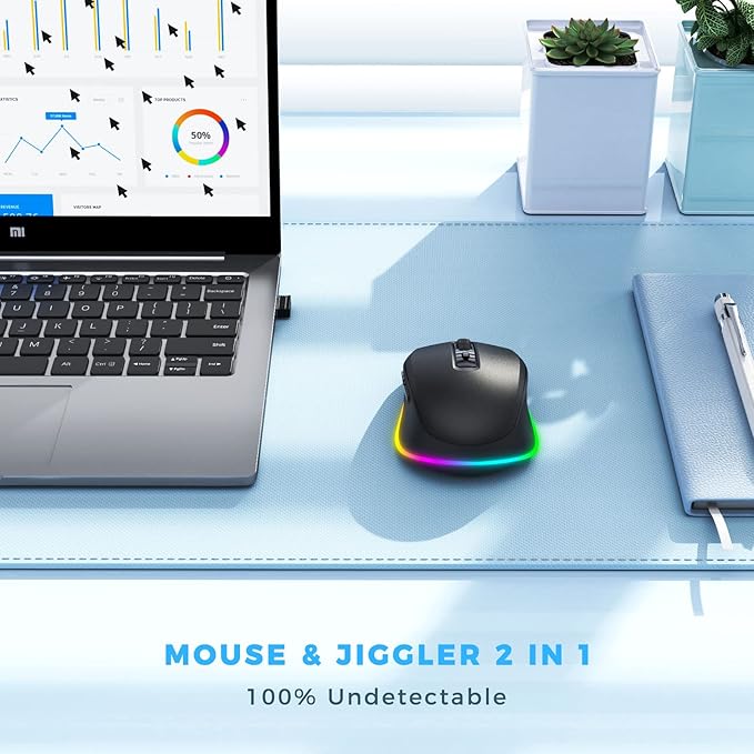 PEIOUS Wireless Mouse Jiggler - LED Wireless Mice with Build-in Jiggler Mover, Rechargeable Moving Mouse for Computer with Undetectable Random Movement Keeps PC Laptop Awake - Black