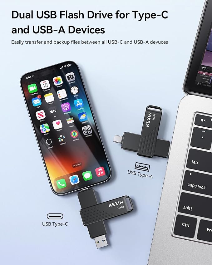 KEXIN Dual USB C Thumb Drive 256GB up to 1000MB/s Flash Drive with Type-C and USB-A Connectors USB 3.2 Gen 2 USB Drive 256G Swivel Memory Stick for iPhone 15/16/17, Smartphone, Tablet, Laptop