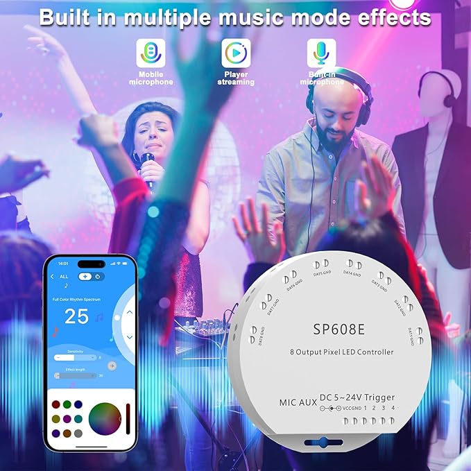 PAUTIX SP608E SPI Pixel LED Controller with 8 Signal Outputs,Work with RGB Smart IC COB LED Strips,Built-in Mic/AUX Music Bluetooth for WS2811 LED Module Pixel Strip Light APP/Remote/Trigger Control