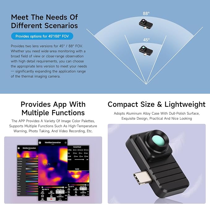 Waveshare Smartphone Infrared Thermal Imaging Camera, Type-C Port, Plug-and-Play, 160×120 Pixels, 88° Field of View, with Aluminum Alloy Case