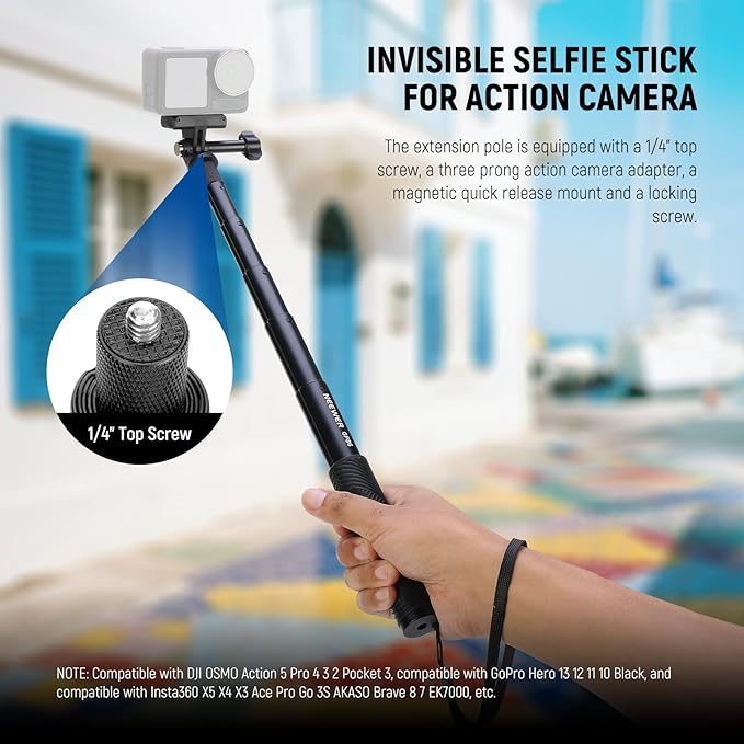 NEEWER Extension Rod Kit Compatible with DJI OSMO Action 5 Pro 4 3 GoPro Insta360 AKASO, 27.8" Invisible Selfie Stick, Action Camera Adapter & Magnetic Quick Release Mount for Video Recording, GP-86