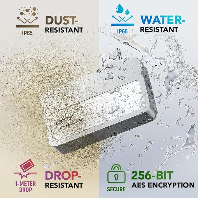 Lexar 2TB Professional Go Portable SSD w/Hub, Supports Apple 4K 60fps ProRes, Up to 1050MB/s, USB 3.2, Rugged, IP65, Ultracompact, Compatible w/iPhone 15/16 (Not 17), External SSD (LSL400S002T-RNSNU)