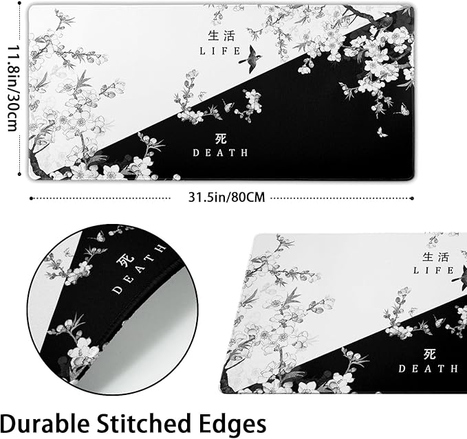 Black and White Cherry Blossom Gaming Mouse Pad XL，Large Mouse Pad Japanese Sakura Death Life Mouse Mat Desk Pad, Extended Stitched Non-Slip Rubber Edges Mousepad 31.5 X 11.8 Inch