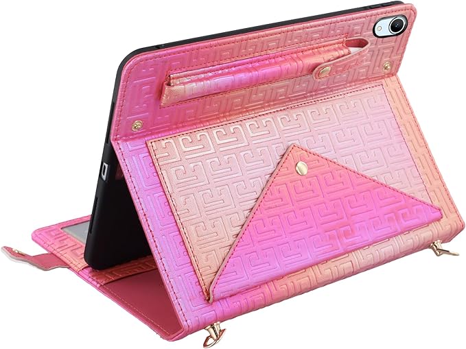 Shiny Case for iPad mini 7 2024/Mini 6th Gen Handbag Case, Techcircle Iridescent PU Leather Folio Envelope Pocket Stand Cover with Hand Strap+Shoulder Strap+Pencil Holder+Card Slots, Shiny Rose Pink