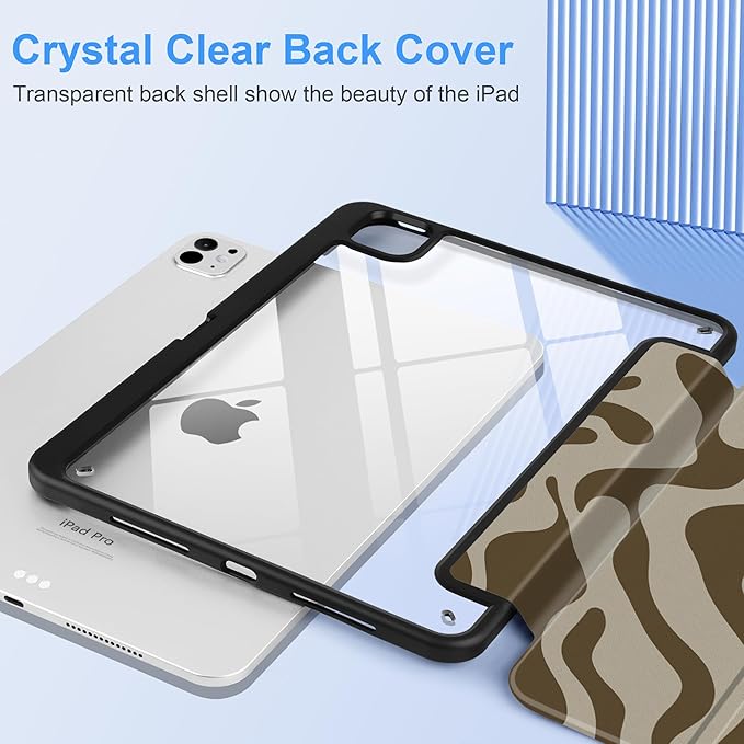 TWOLSKOO Case for iPad Pro 11-inch (M5 2025 / M4 2024), Clear Acrylic Back with TPU Bumper, Pencil Holder, Trifold Stand, Auto Sleep/Wake, Brown Waves