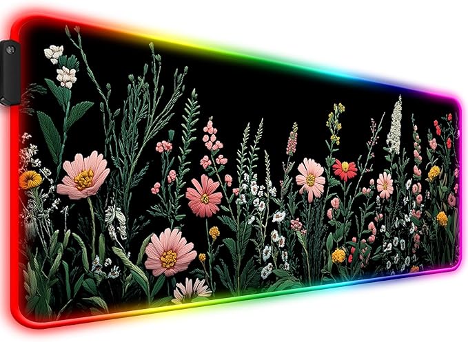 RGB Pretty Wildflower Gaming Desk Mat, Computer Keyboard Large Extended Flowers LED Mouse Pad for Office and Home, 31.5×11.8 Inches, XL