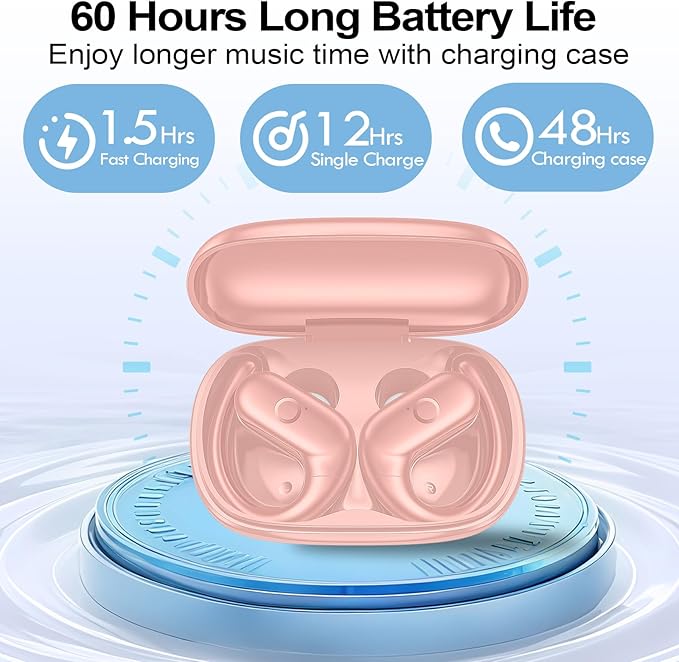 xiwxi Wireless Earbuds Bluetooth Headphones,Over Ear Buds for Sport with Deep Bass Sound,60Hrs Playtime Earphones Designed Comfort Fit with Earhooks for Running,Meeting,Workout-Pink