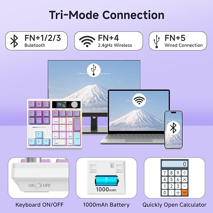 BOYI TD31Pro Mechanical Number Pad,Bluetooth5.0/2.4G/Type-C Wireless Numeric Keypad,RGB HotSwap Numpad with Screen&Knob,PBT Keycap Rechargeable Gasket Number keypad for PC Laptop Desktop(White-Purple)