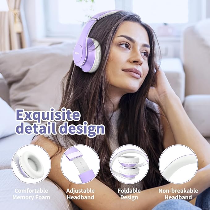 Uliptz Wireless Bluetooth Headphones, 65H Playtime, 6EQ Sound Modes, HiFi Stereo Over Ear Headphones with Microphone, Foldable Bluetooth 6.0 Headphone for Travel/Office/Cellphone/PC (Purple)
