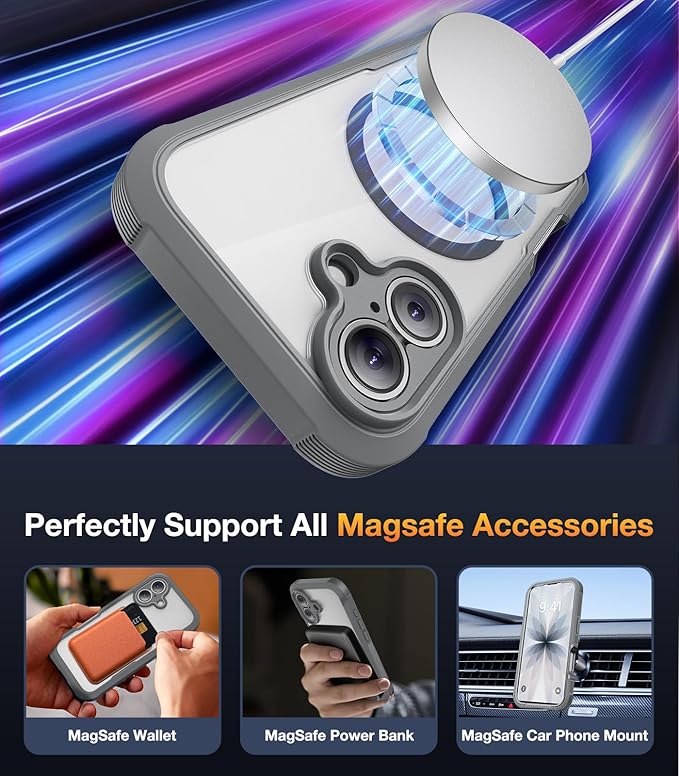 Diaclara Magnetic Designed for iPhone 17 Case 6.3 Inch Full Body Bumper,[Compatible with MagSafe] Military Drop Proof Cover with Built-in Touch Sensitive Anti-Scratch Screen Protector, Grey Titanium