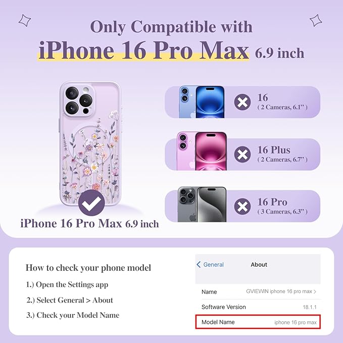 GVIEWIN for iPhone 16 Pro Max Case Compatible with MagSafe, [Military Grade Protection] [Screen Protector] Full Camera Protection Floral Translucent Women Magnetic Phone Case, Floratopia/Colorful