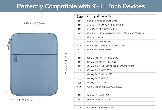 Dadanism 9-11 Inch Tablet Sleeve Padded Carrying Case for iPad (A16) 11th Gen 11", iPad 10th Gen 10.9", iPad Air M4/Pro M5 11", iPad Air 5/4, iPad 9/8/7th Gen, Galaxy Tab A11+ Plus 11", Blue