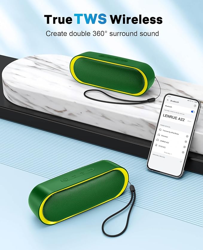 LENRUE Bluetooth Speakers, Waterproof Portable Speakers with TWS, 24 Playtime, Stereo Sound, Wireless for Home Shower Pool Beach Outdoor (Green)