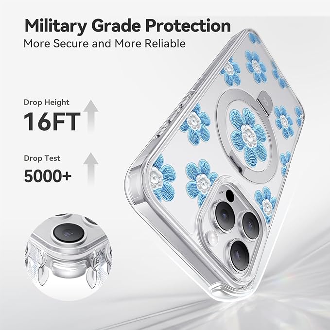 CASEKOO Floral Series Blue Flowers for iPhone 16 Pro Case with Magnetic Ring Stand [Compatible with MagSafe] [Military-Grade Protection] Fashion Clear Back, Soft Edge, for Women