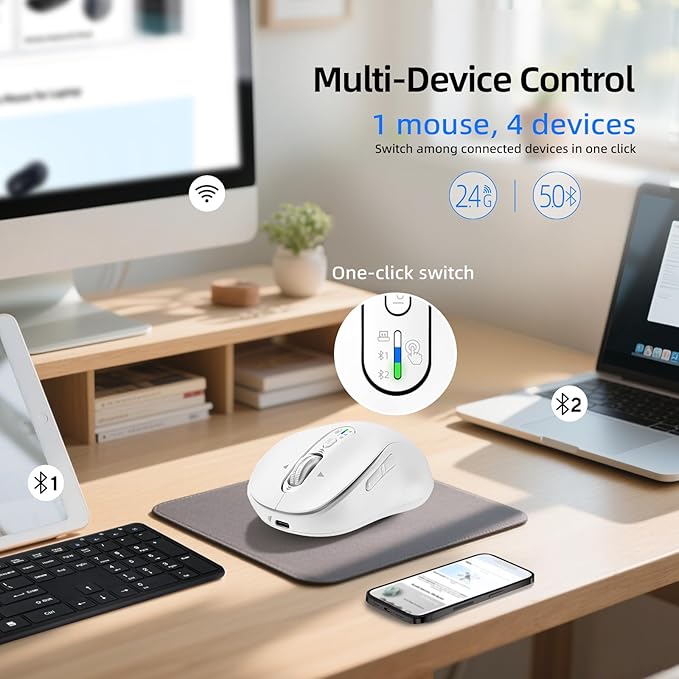 Wireless Bluetooth Mouse Rechargeable,USB+BT×2,Multi Device Quiet Ergo Computer Mouse,Metal 4-Way Super Scrolling,± 3200 DPI,10 Button,Plug&Play,Cordless Mice for Laptop,Tablet,Mac,iPad,PC,Phone-White