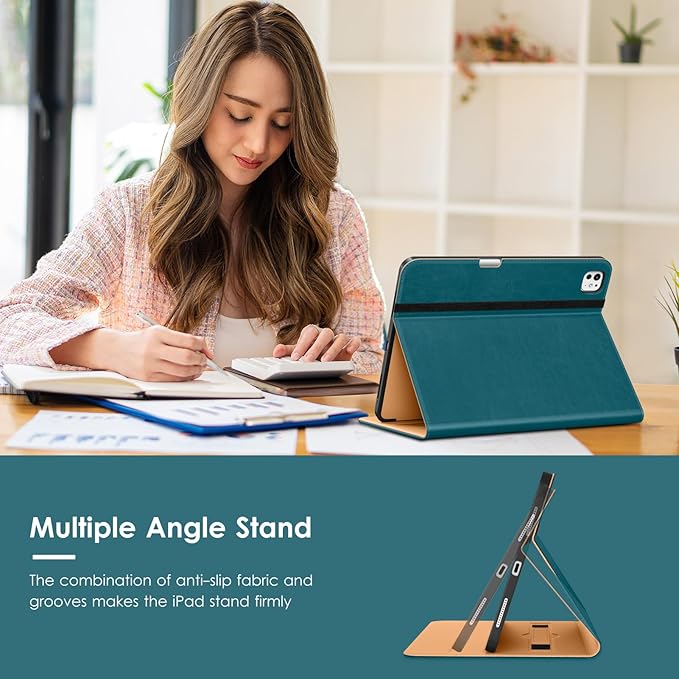 VIKESI Case for iPad Pro 13 (M4) 2024, Leather Stand Cover with Apple Pencil Holder, Auto Wake/Sleep, Multiple Viewing Angles, Built in Hand Strap & Pocket, Teal