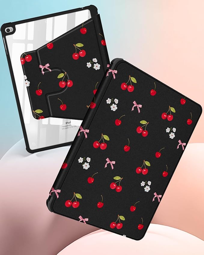Uppuppy for iPad 5th/6th Generation Case for iPad Air 1st/Air 2nd/Pro 9.7 inch 2016 Case - 360 Rotating Stand Folio Smart Cover with Pencil Holder for Women Girl, Cherry Bow Flowers for Apple Tablet