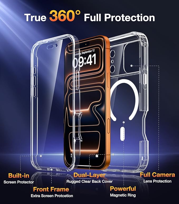 Diaclara Magnetic Designed for iPhone 17 Pro Max Case Full Body Bumper,[Compatible with MagSafe] Military Drop Proof Cover with Built-in Touch Sensitive Anti-Scratch Screen Protector, Clear