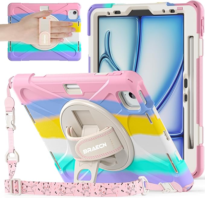 BRAECNstock Kids Case for Apple iPad Air 11 inch (M4/M3/M2)/ Air 5th/4th Gen 10.9"/ Pro 11 inch 4th/3rd/2nd/1st Gen, Shockproof Protective with Pencil Holder, Rotating Hand Strap+Stand, Colorful Pink