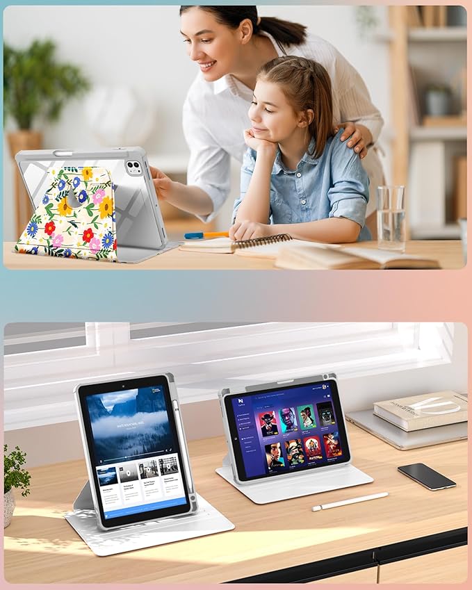 Uppuppy for iPad Pro M4/M5 Case 11 inch - 360 Degree Rotating Stand Folio Smart Cover with Pencil Holder for Women Girls, Cat and Flowers for iPad Pro 11 inch Case 2024 M4/2025 M5