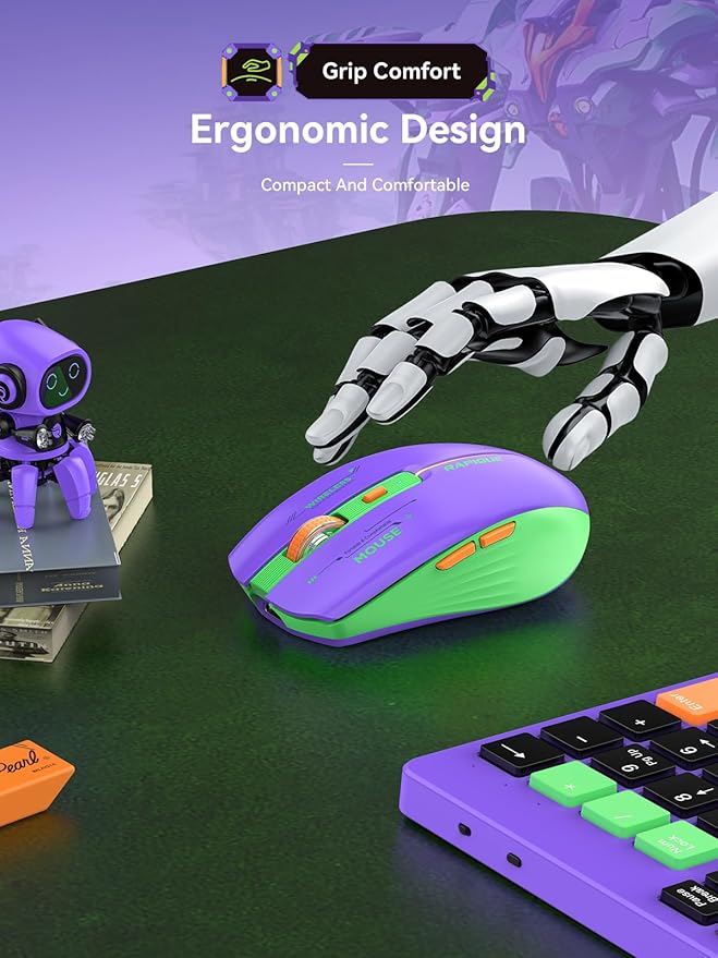 RAPIQUE Bluetooth Wireless Mouse - (BT1/BT2+USB Receiver) Dual Mode, Rechargeable, Quiet Click, Multi-Device Compatibility for Laptop, Computer, MacBook, Tablet (Purple and Green)