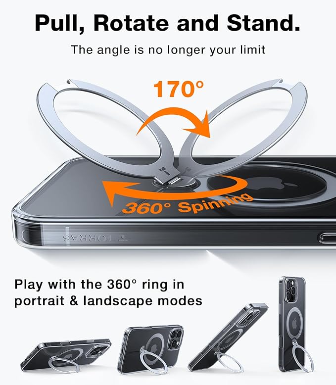 TORRAS 360° Spin Magnetic Stand Case for iPhone 16 Pro Max Case, Fit for MagSafe, 12FT Military Grade Protective Case for 16 Pro Max Phone Case with Kickstand Rotatable, Ostand Spin, Clear, 6.9 inch