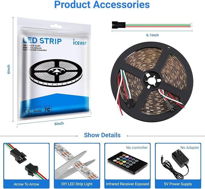 16.4FT WS2812B 5V LED Strip Lights 150 Individual Addressable RGB IC 5050SMD LEDs - Flexible Black PCB IP30 - 30LEDs/m MagicRGB Dream Color for DIY Chasing Color Project (No Power Supply & Controller)